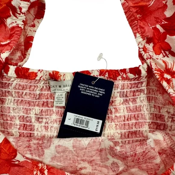 LUCKY BRAND NWT Floral Linen Blend Short Puff Sleeve Crop Top Red White Large - Picture 6 of 9